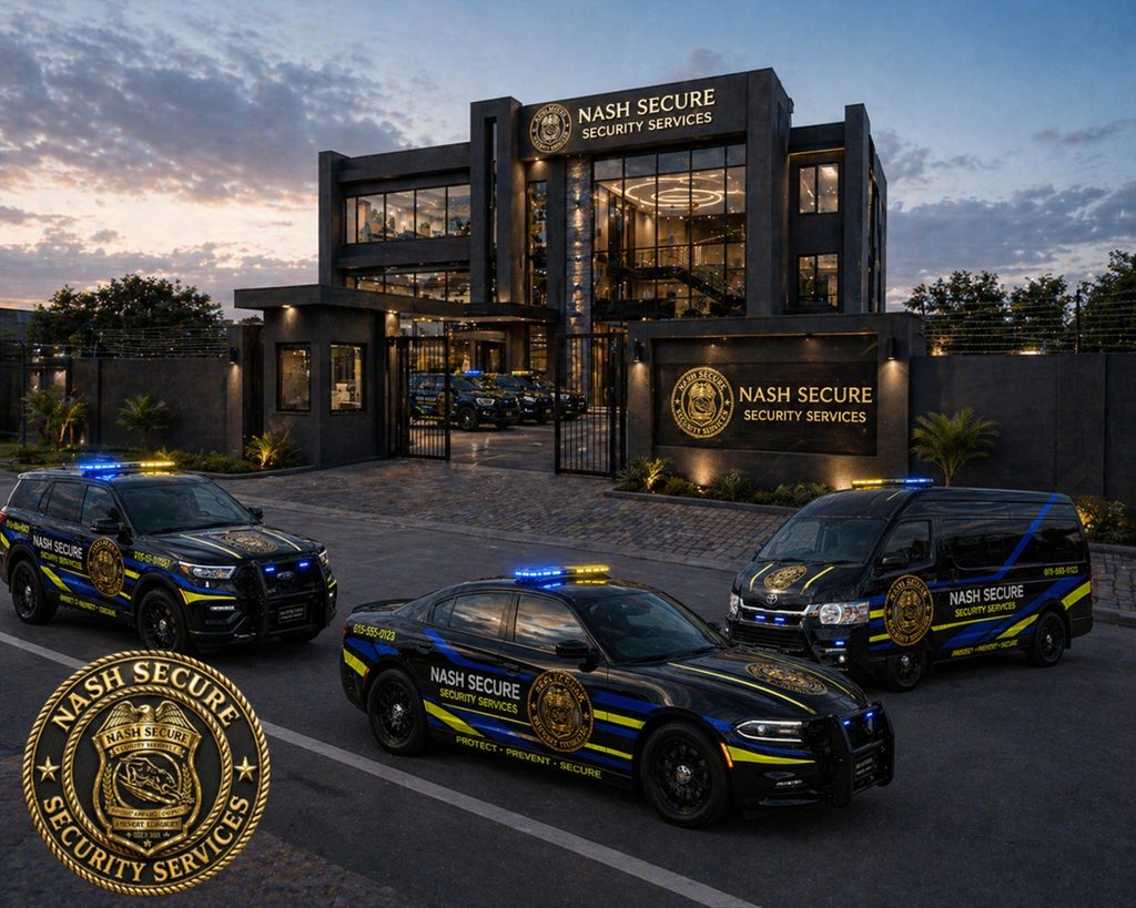 Nash Secure HQ at dusk with branded patrol SUV, response sedan and tactical van staged out front