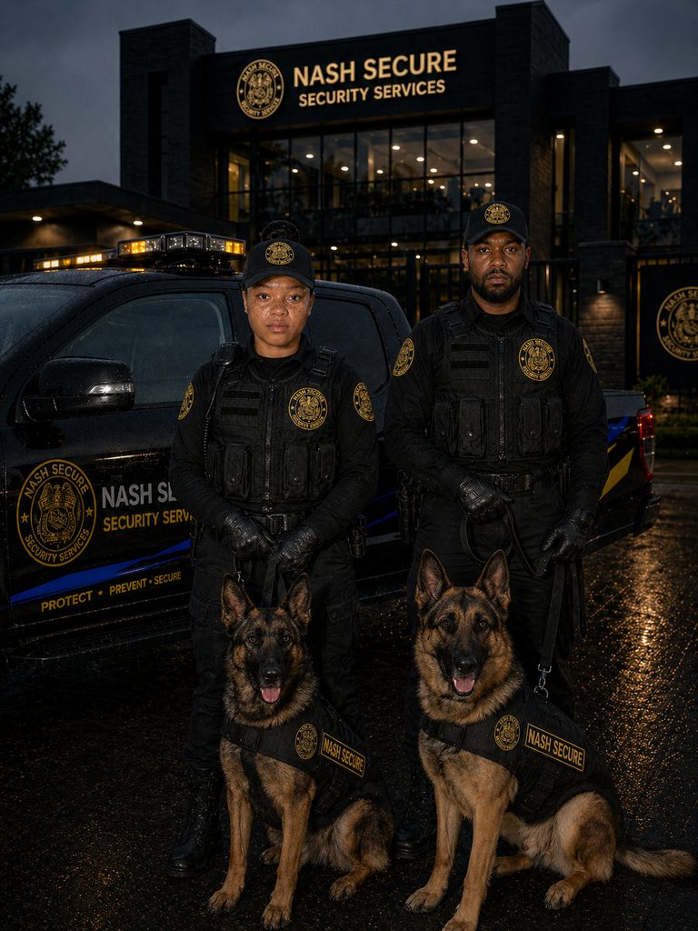 Two Nash Secure K9 handlers in branded tactical uniform with German Shepherd dogs in Nash Secure vests, branded patrol vehicle and HQ building lit at night in the background