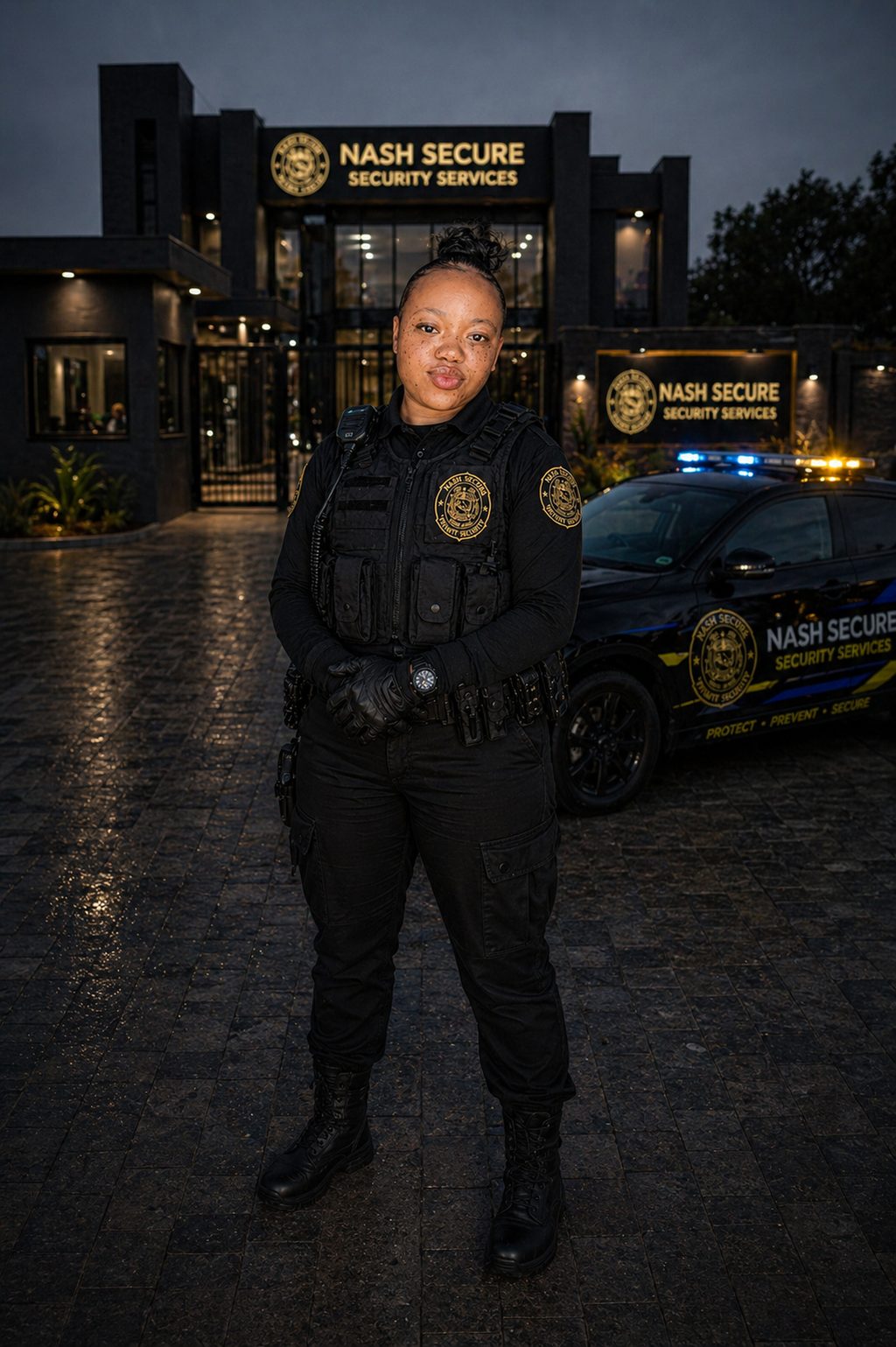 Female Nash Secure tactical officer in branded body armour at the Nash Secure HQ