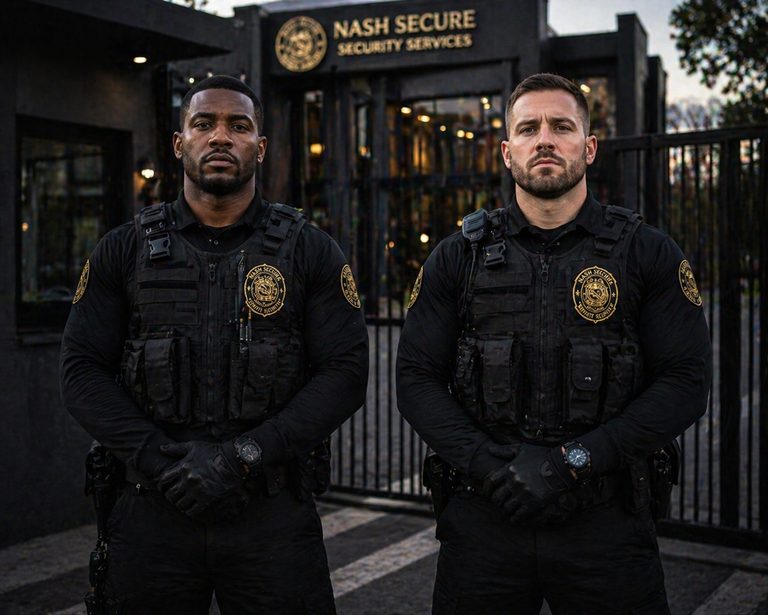 Nash Secure officers in tactical uniform standing at the entrance of Nash Secure HQ