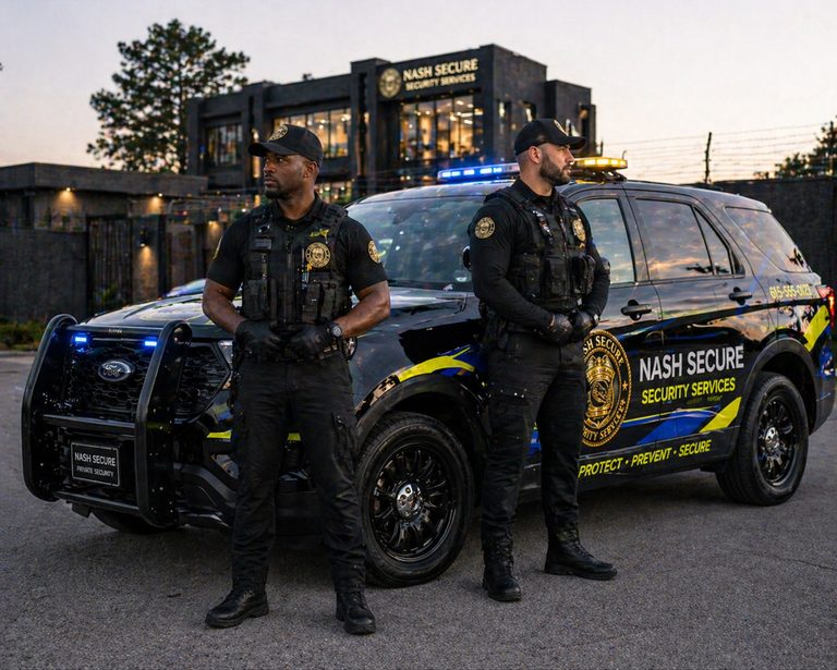 Nash Secure armed response officers with branded patrol vehicle outside Nash Secure headquarters