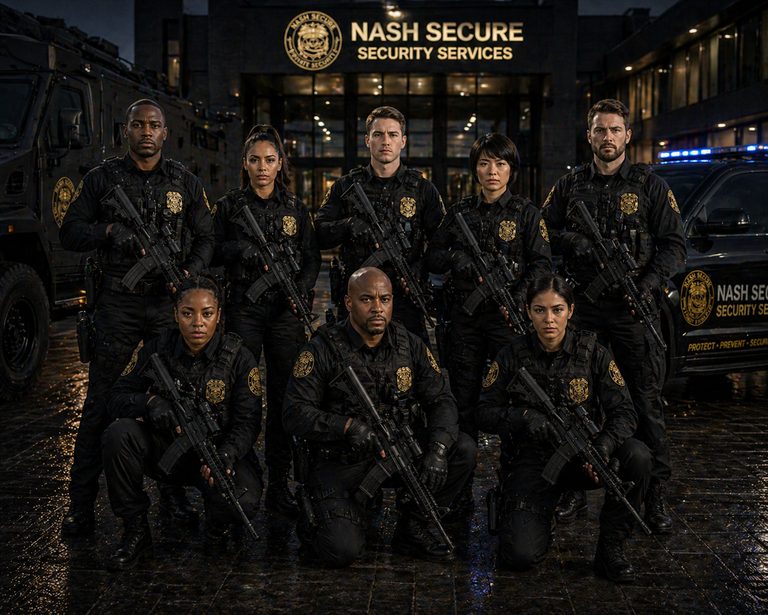 Nash Secure SWAT tactical response team in branded body armour outside Nash Secure HQ with armoured vehicle and patrol unit